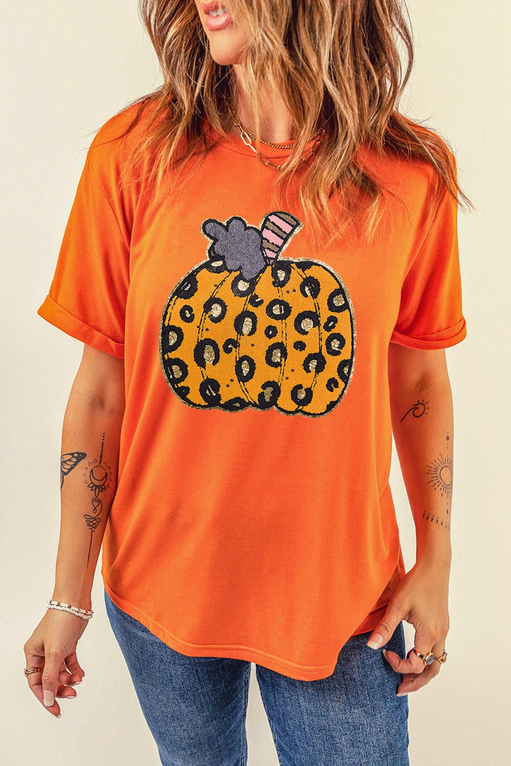 Orange Halloween Leopard Pumpkin Crew Neck Graphic Tee