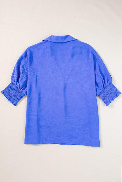 Dark Blue Boxy Collared Smocked Sleeve Cuffs Blouse