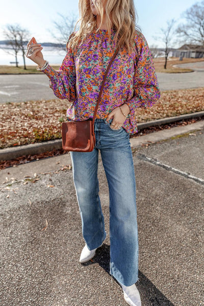 Purple Floral Allover Print Shirred Cuff Frilled O Neck Blouse