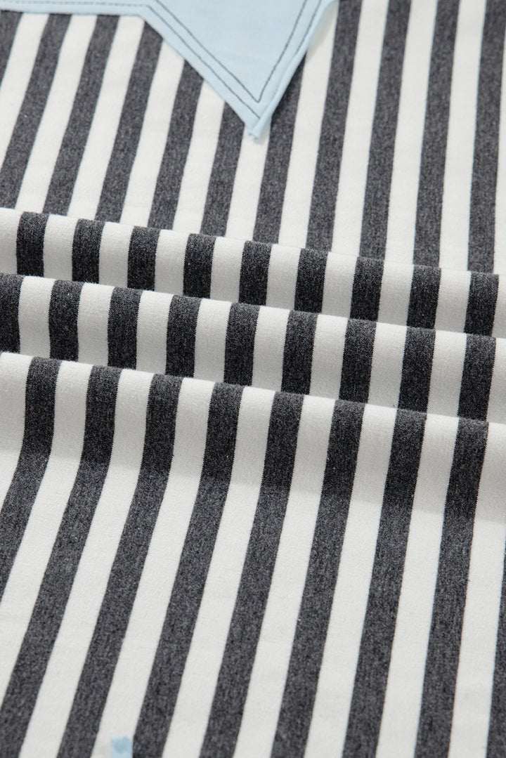 Gray Stripe Contrast Star Stitched Plus Size Long Sleeve Top