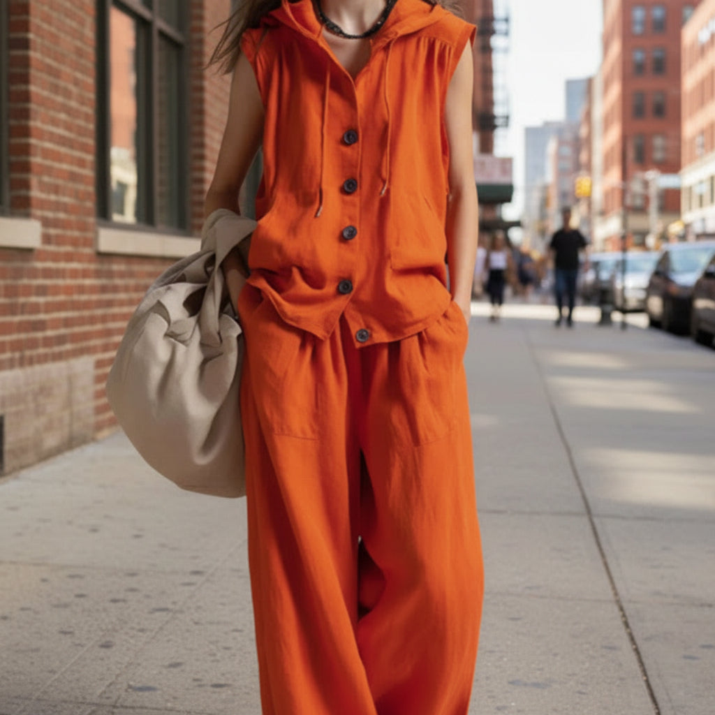 Sleeveless Hooded Top &amp; Wide-Leg Pants Set | High-Waist Two-Piece