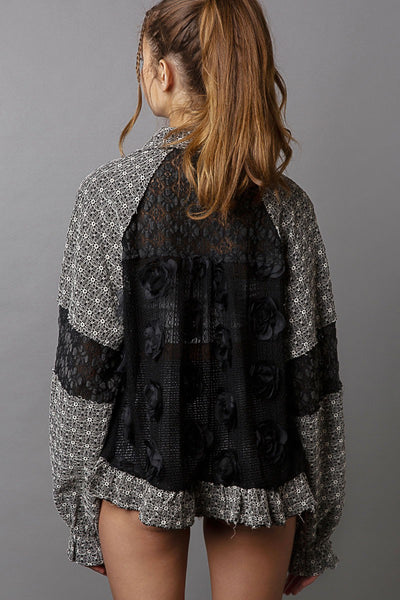 POL Eyelet Flower Pearl Detail Lace Patchwork Shirt