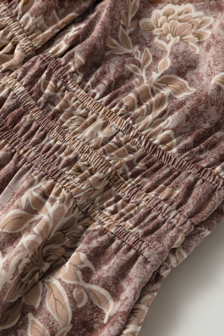 Brown Floral Print Smocked High Waist Long Sleeve Maxi Dress