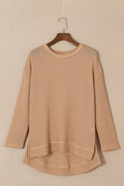 Khaki Waffle Knit High Slits Oversized Top