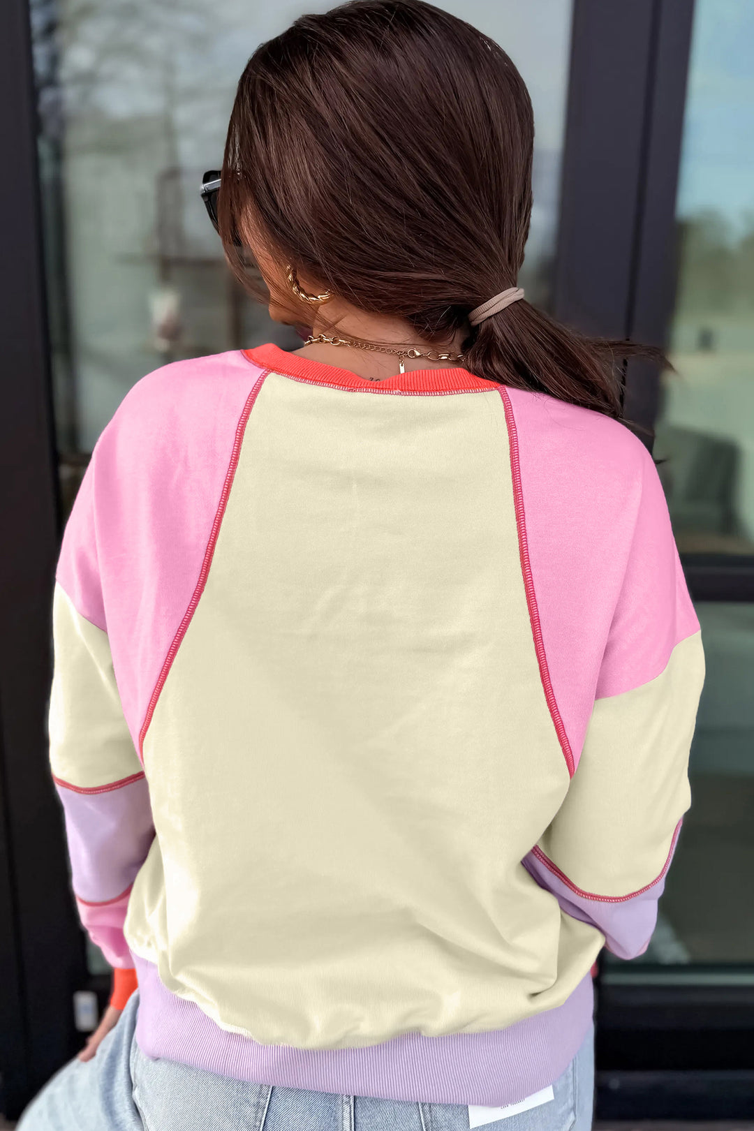 Multicolour Exposed Seam Colorblock Patchwork Pullover Long Sleeve Top