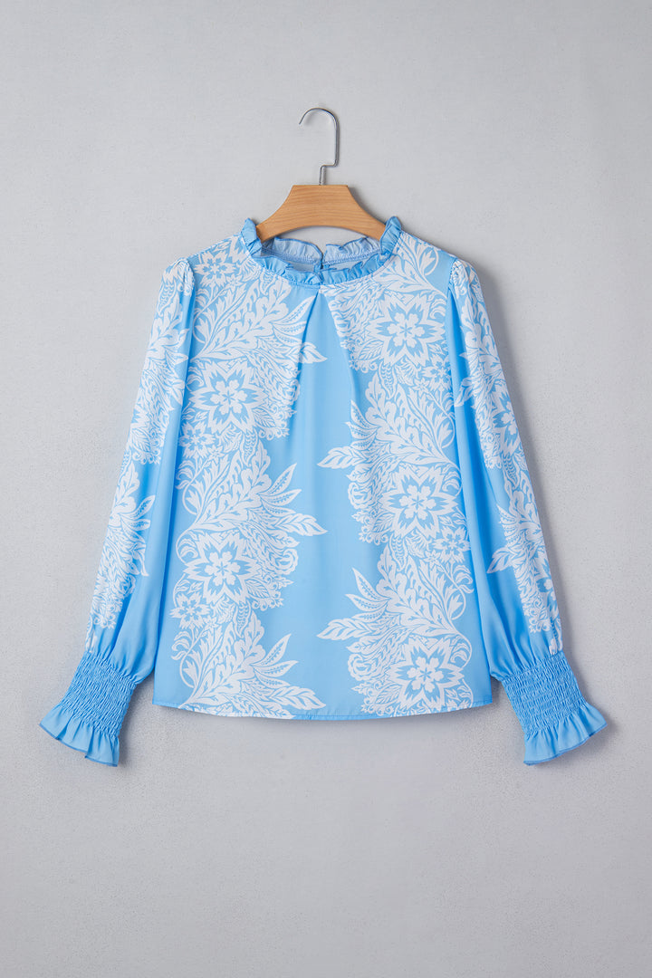 Sky Blue Ruffled Collar Puff Sleeve Flower Blouse