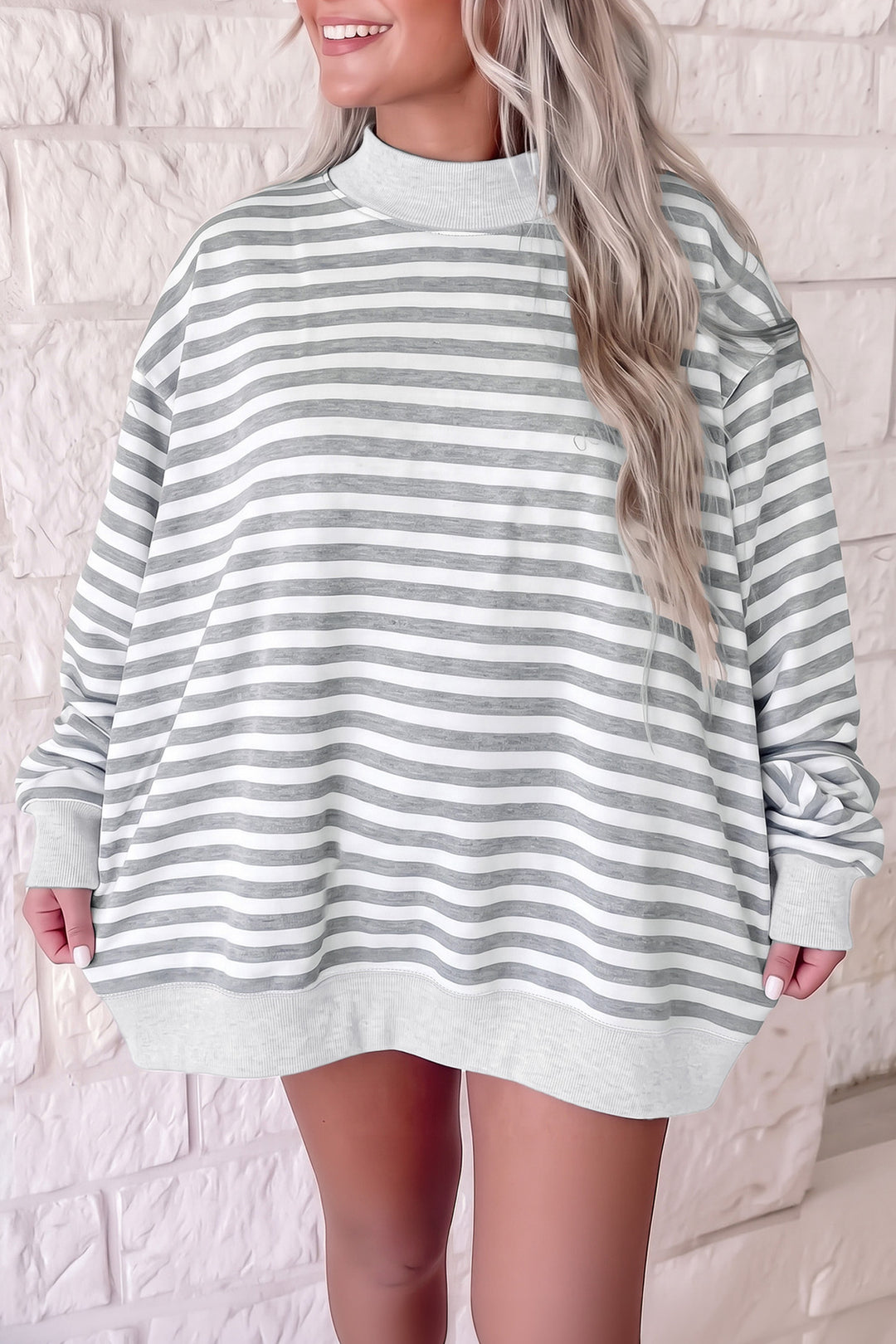 Gray Stripe Cozy Mock Neck Oversized Tunic Sweatshirt