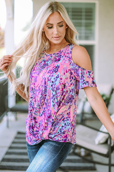 Multicolor Lavender Floral Print Cold Shoulder Blouse