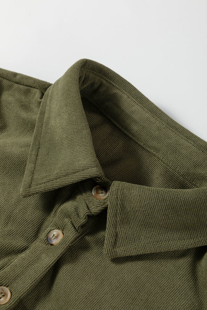 Vineyard Green Corduroy Half Button Collared Long Sleeve Mini Dress