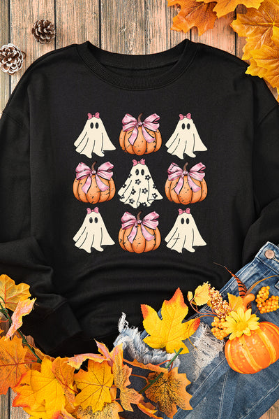 Black  Halloween Bowknot Ghost Pumpkin Graphic Crewneck Sweatshirt