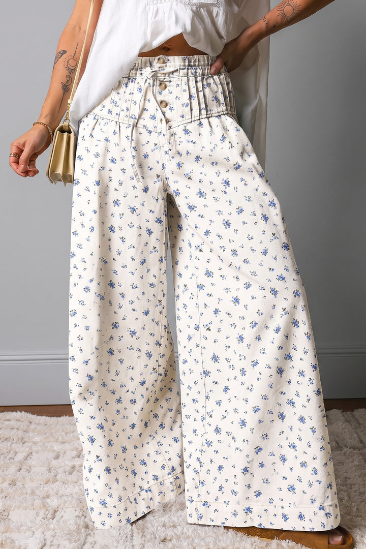 White Button Drawstring Pleated High Waist Floral Wide Leg Jeans