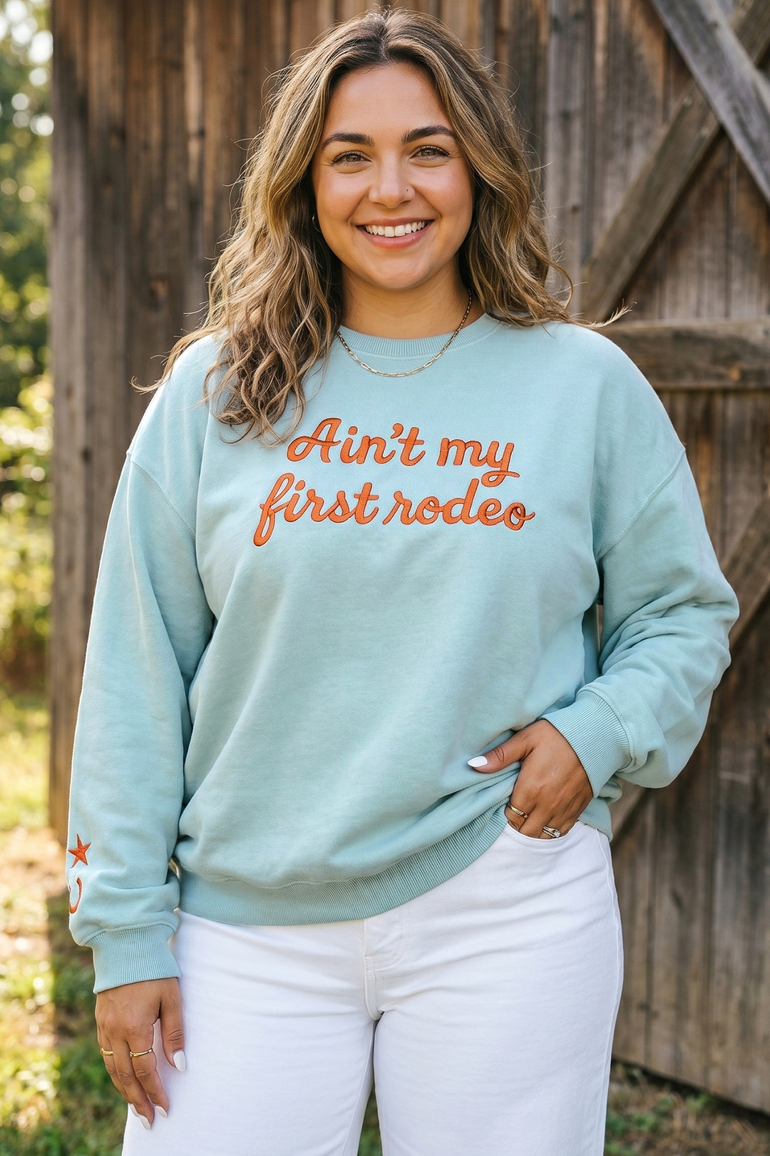 Haze Blue Letter Print Round Neck Loose Fit Long Sleeve Plus Size Sweatshirt