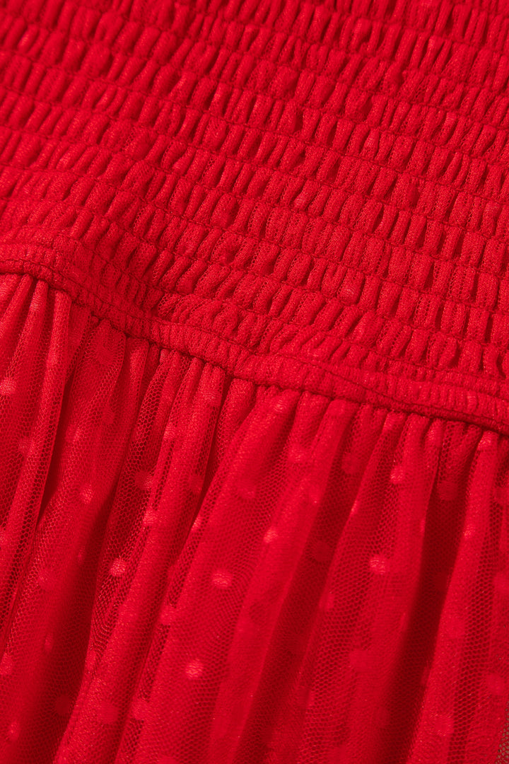 Fiery Red Tiered Tulle Smocked Bodice Puff Sleeve Dress