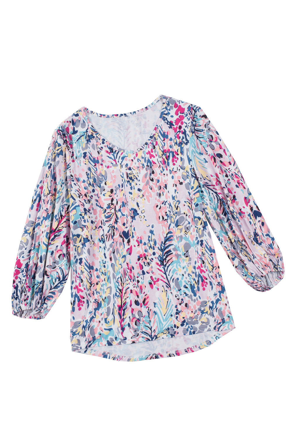 Blue Floral Print Puffy Sleeve Loose Blouse