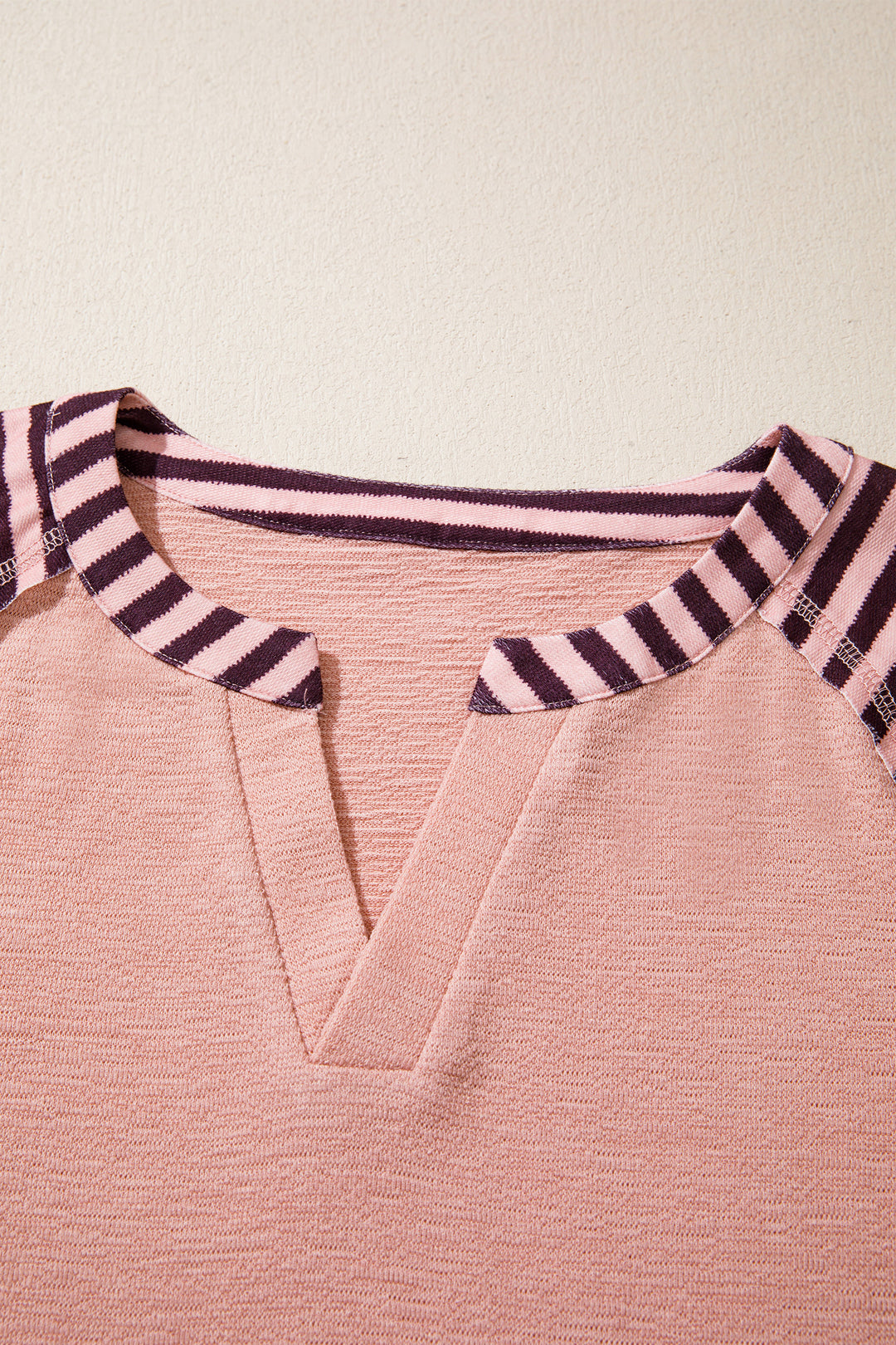Light Pink V Neck Colorblock Patchwork Striped Floral Long Sleeve Casual Top