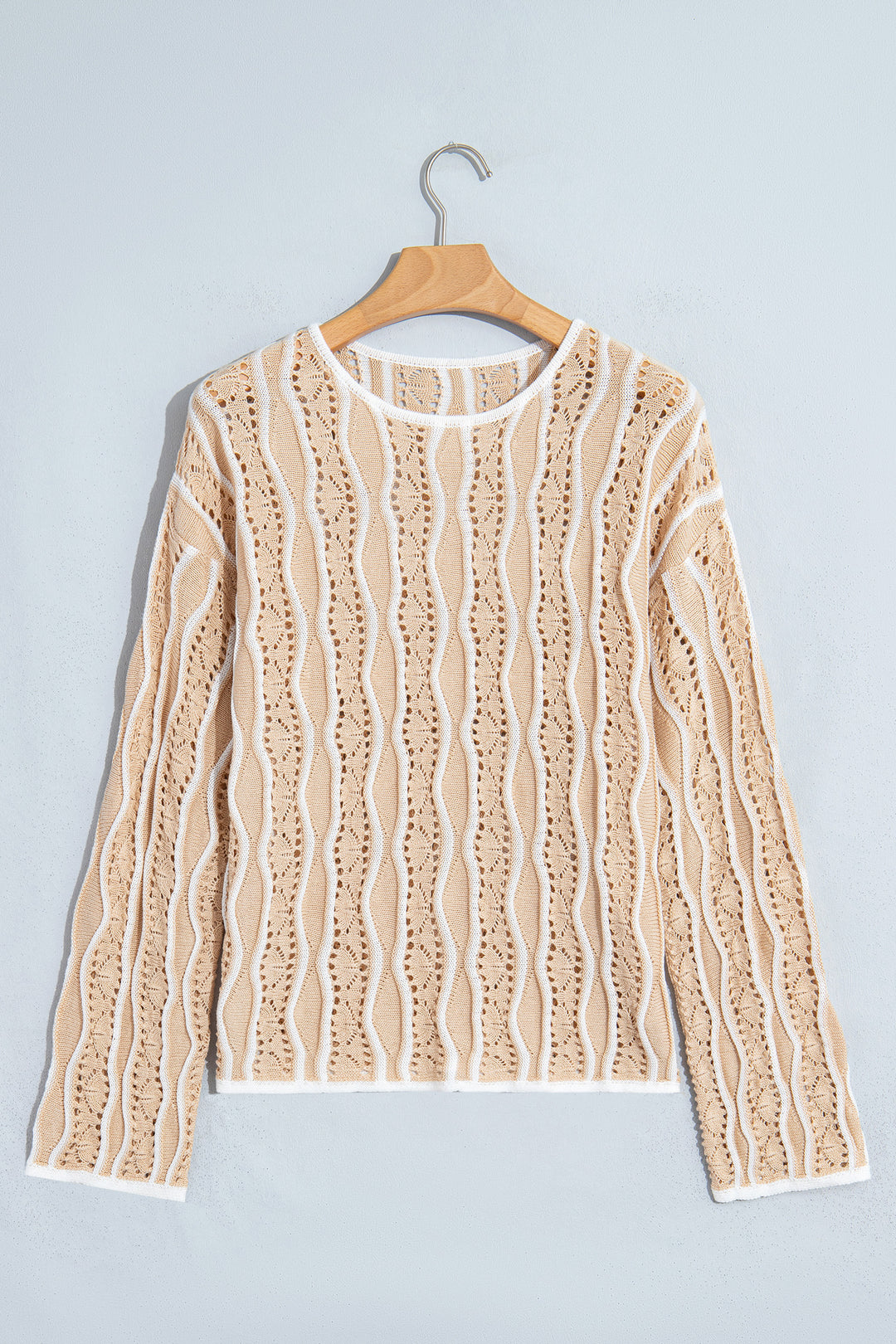 Khaki Wavy Detail Hollow Out Knit Long Sleeve Cotton Pullover Sweater