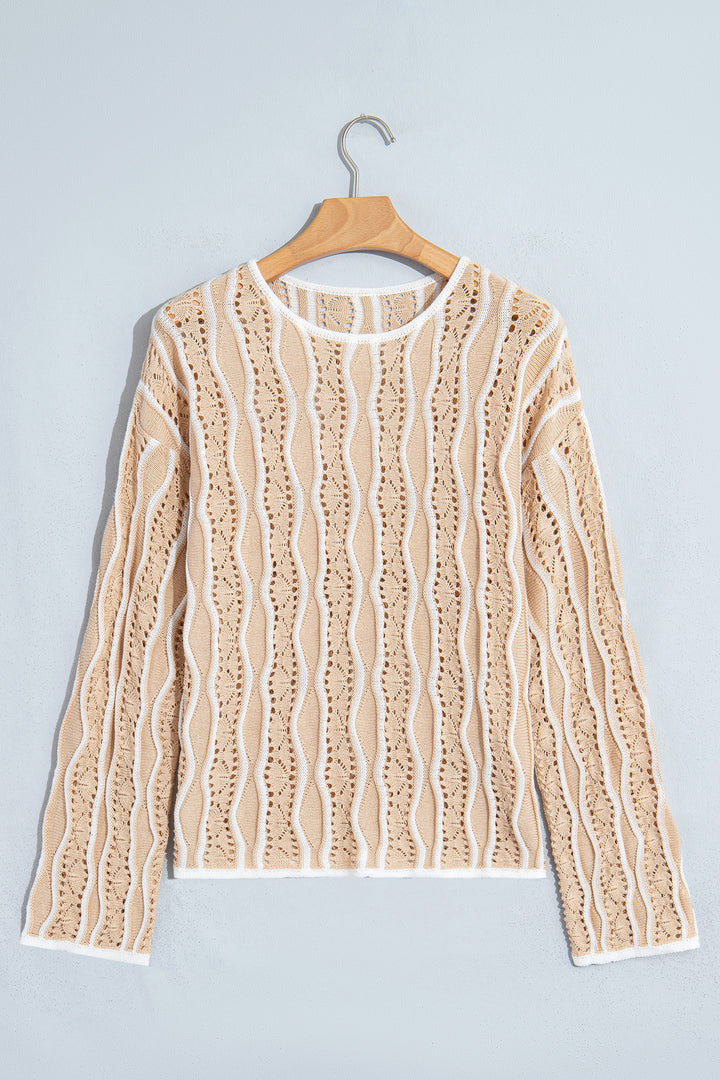 Khaki Wavy Detail Hollow Out Knit Long Sleeve Cotton Pullover Sweater