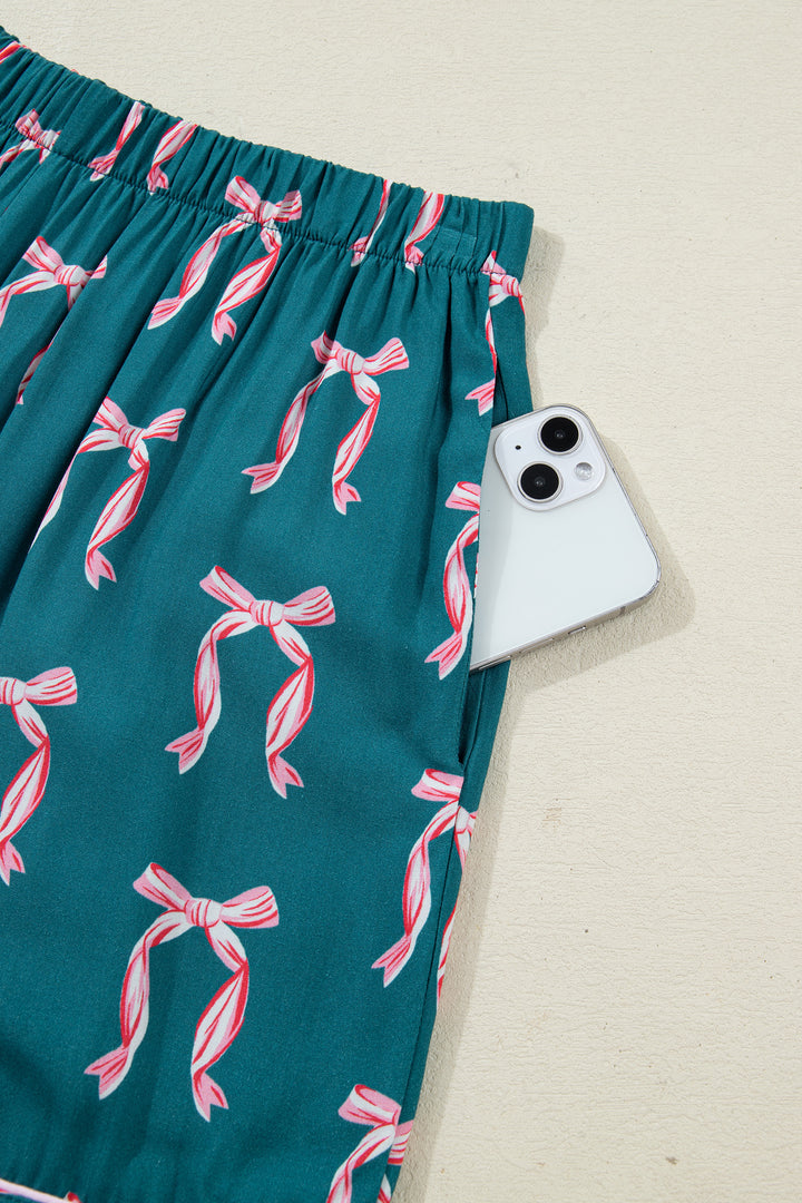 Green Ribbon Bow Print Silky Long Sleeve Shirt and Shorts 2pcs Pajama Set