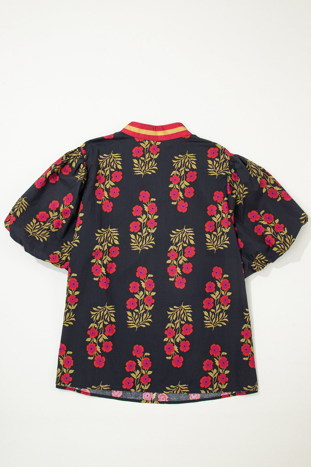 Black Plus Size Floral Print Ricrac Striped Trim Short Sleeve Cotton Blouse