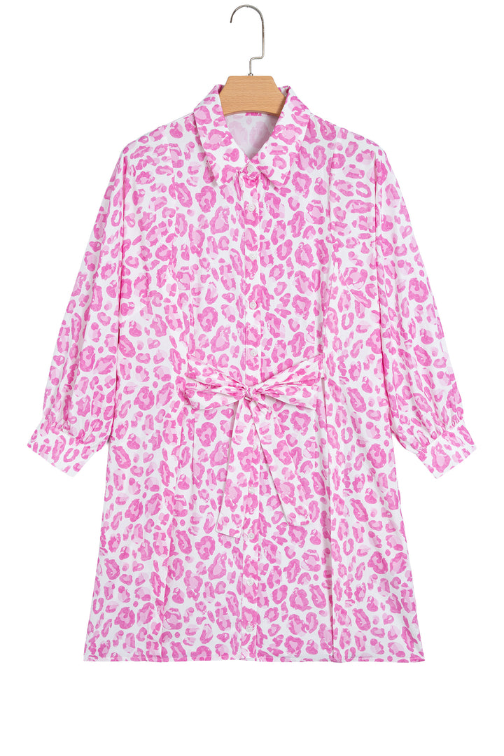 Pink Abstract Leopard Print Tie Waist Puff Sleeve Mini Shirt Dress