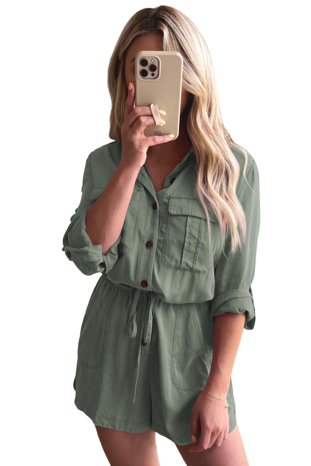 Jungle Green Roll up Sleeve Flap Pockets Drawstring Playsuit