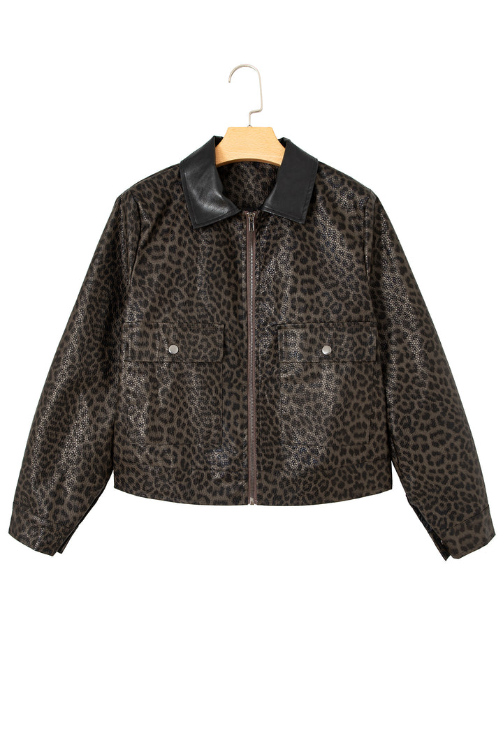 Multicolour Leopard Print Colorblock Collar Metal Placket Jacket