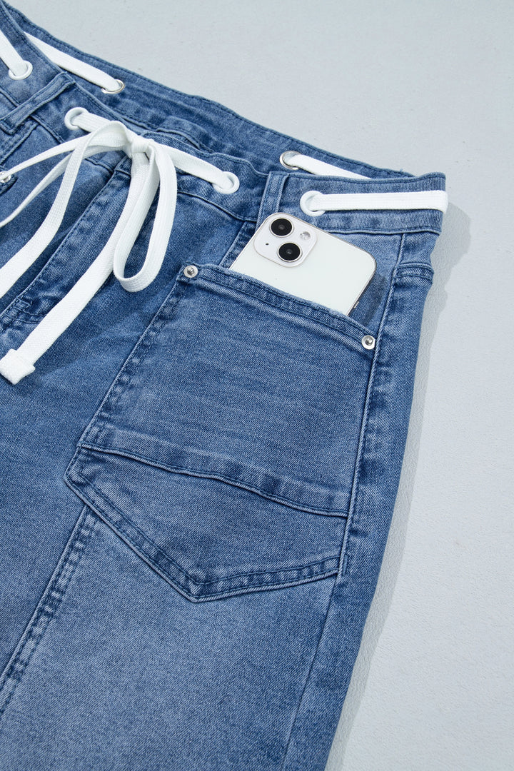 Beau Blue Solid Patchwork Grommet Tie Waist Loose Ankle-Length Jeans