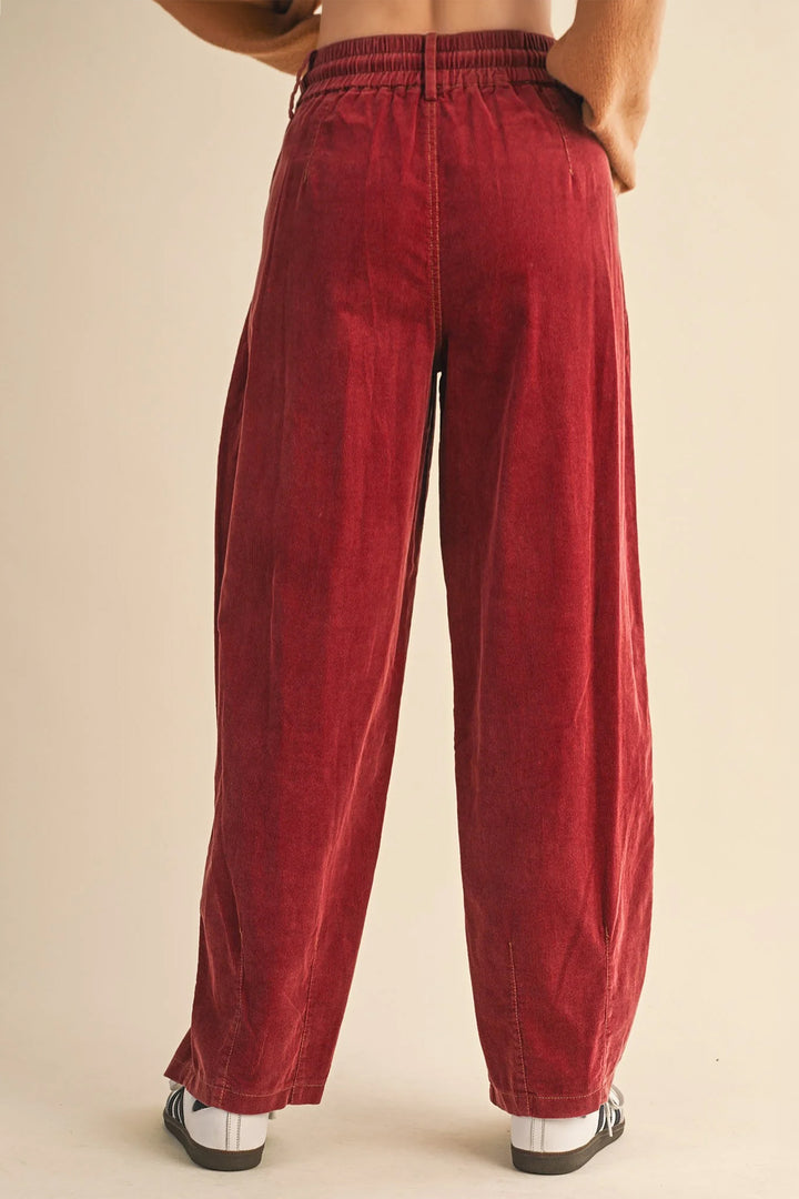 Racing Red Elastic Waist Drawstring Corduroy Casual Pants
