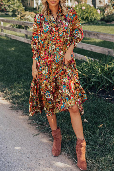 Yellow Paisley Mixed Print Collared 3/4 Sleeve Midi Dress