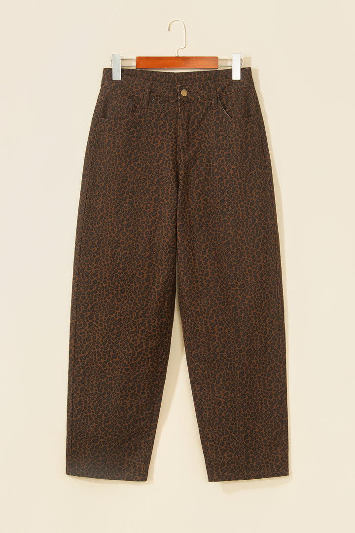 Brown Casual Leopard Print Full-Length Regular Fit Jeans