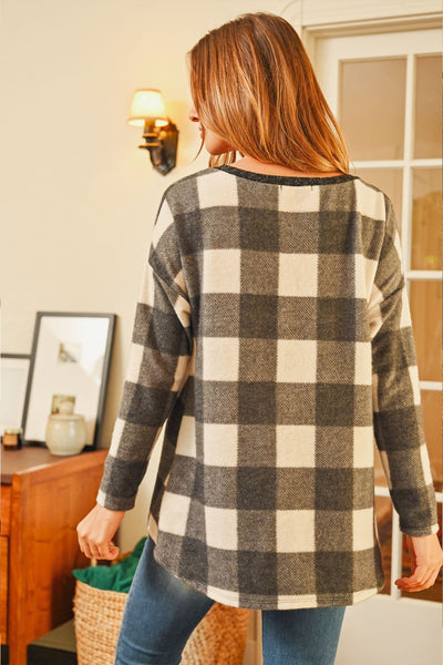 Brushed V-Neck Plaid Long Sleeve Knot Top