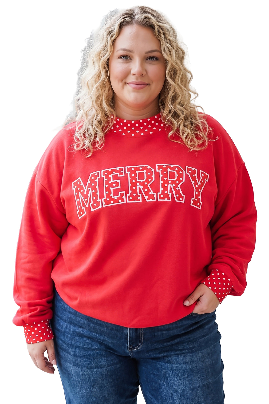 Tomato Red Casual Polka Dot Patchwork Letter Graphic Plus Size Sweatshirt