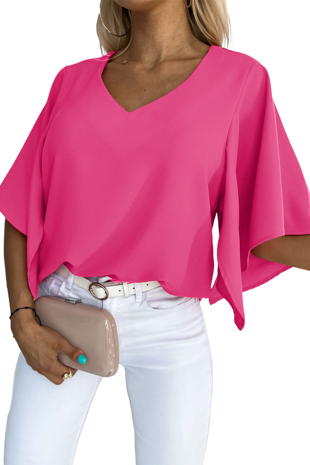 Rose Plain Flounce Bell Sleeve V Neck Blouse