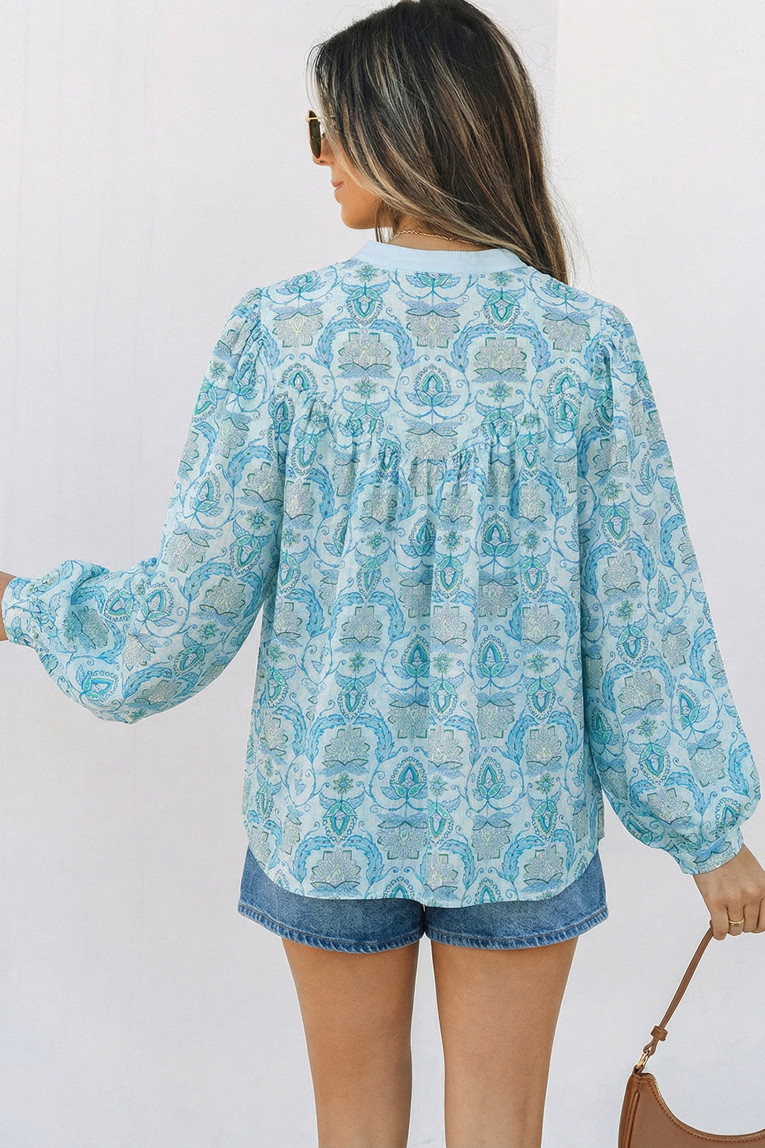 Sky Blue Paisley Print Puff Sleeve Loose Shirt
