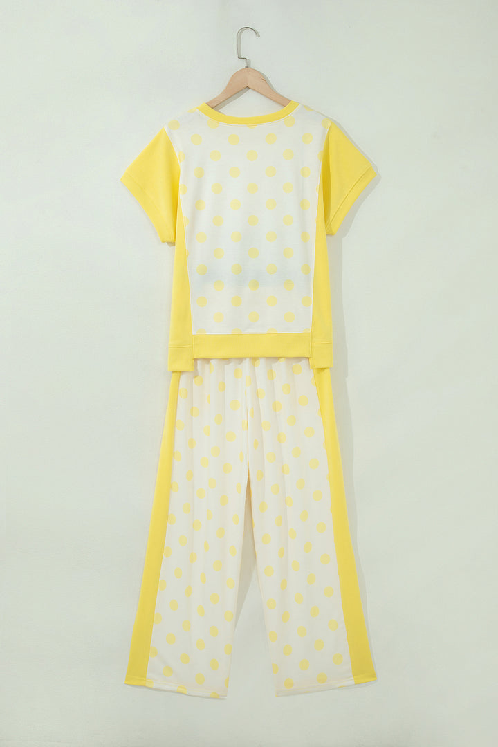 Pink Color Block Patchwork Polka Dot Wide Leg Pant Set