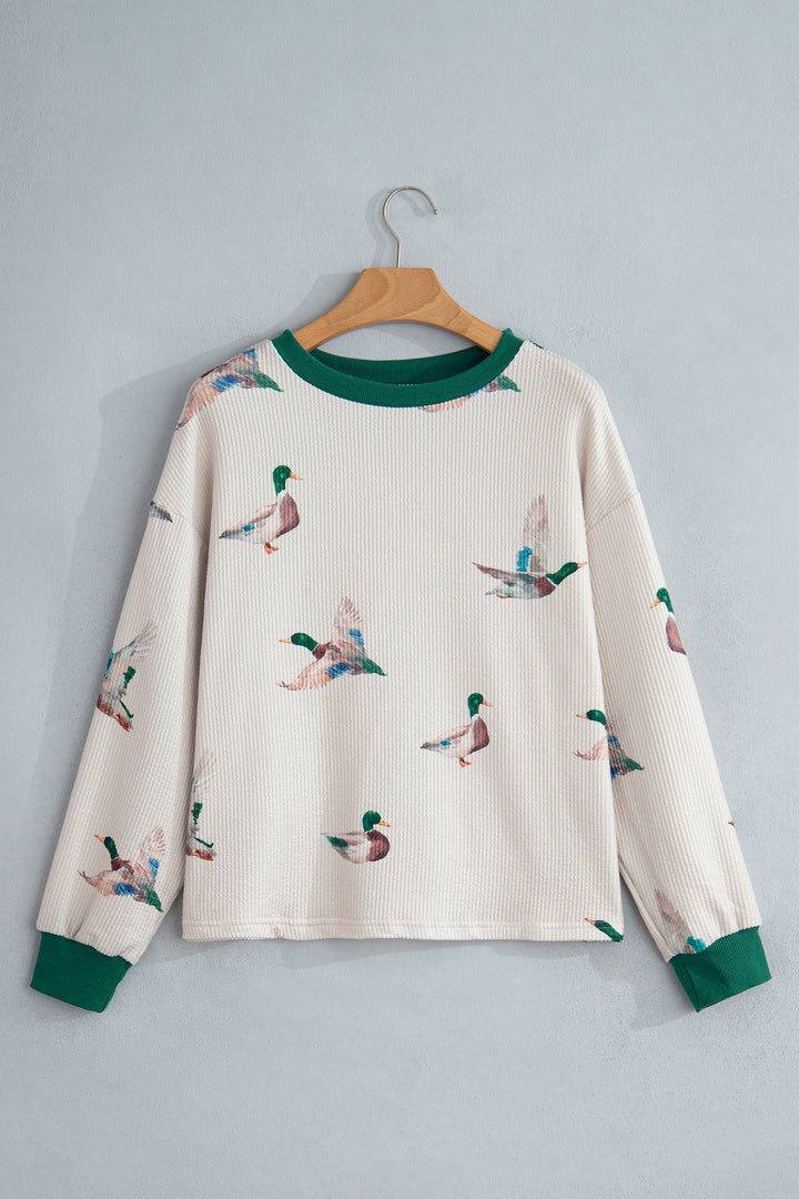 Beige Twisted Ribbed Duck Print Crewneck Casual Pullover Top