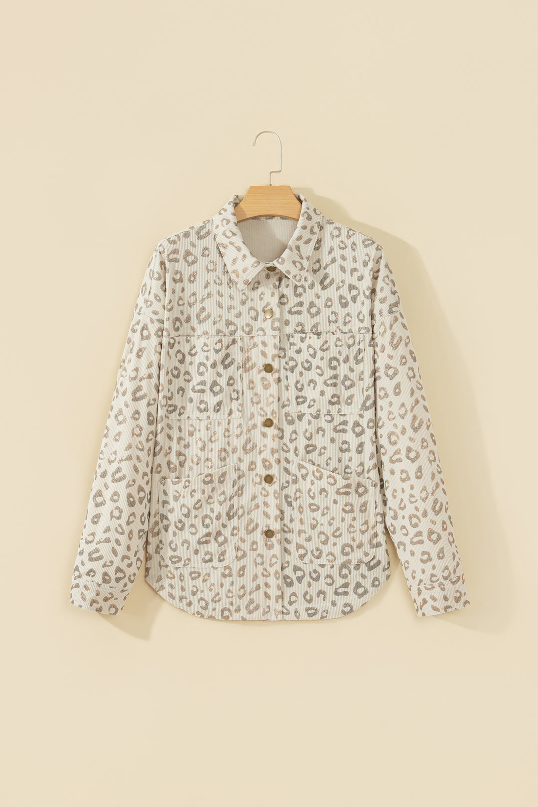 Khaki Leopard Print Corduroy Shirt Collar Long Sleeve Regular Fit Jacket