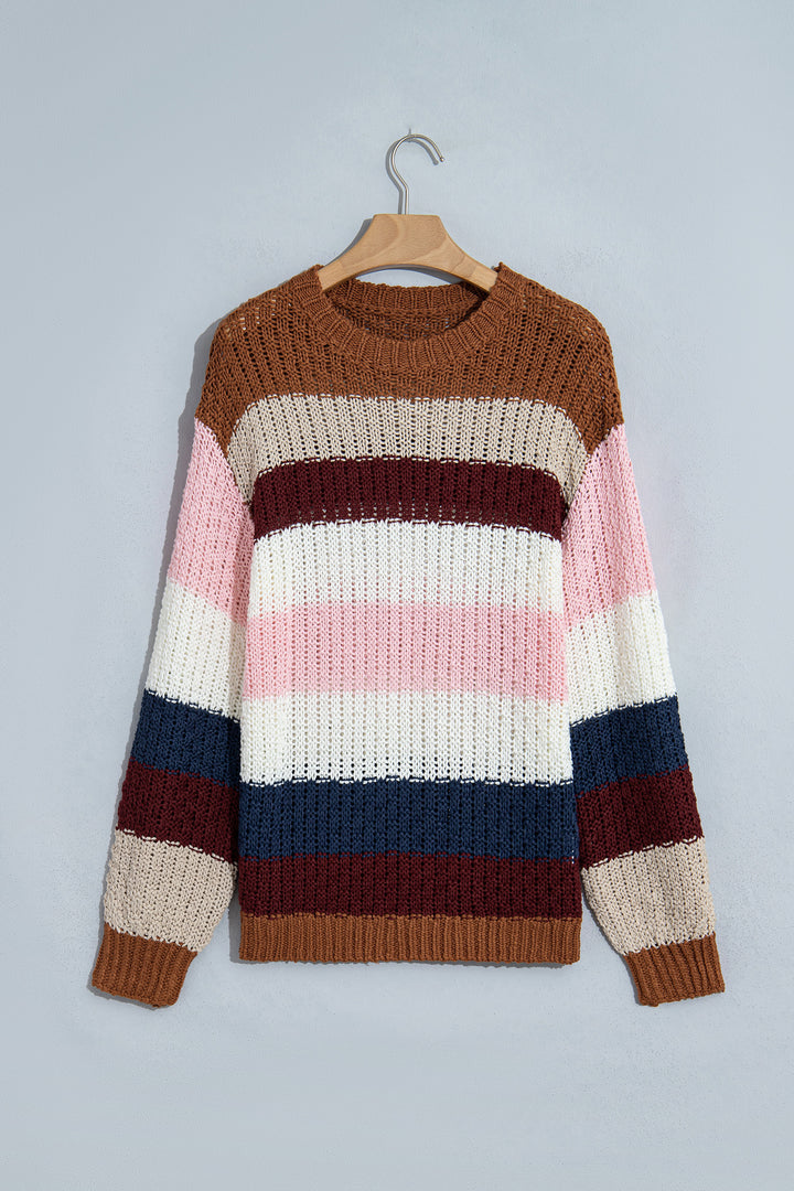 Multicolour Striped Knit Dropped Shoulder Round Neck Pullover Sweater