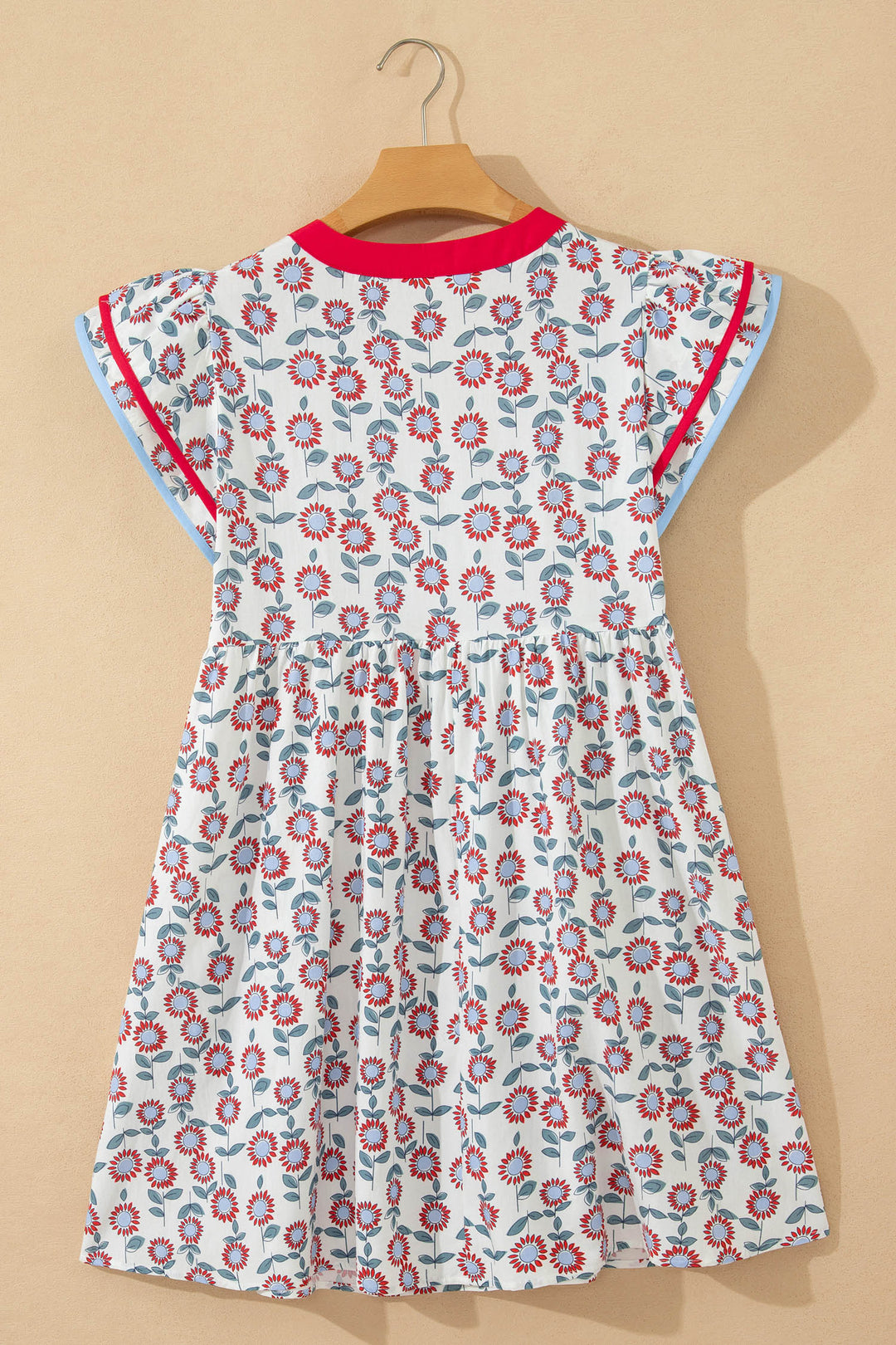 Sky Blue Floral Print Contrast Trim Flutter Sleeve Mini Dress