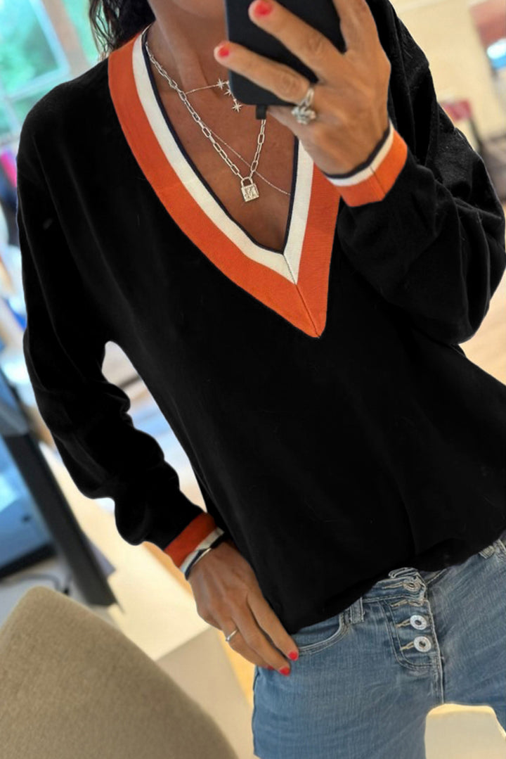 Black Contrast Striped Trim V Neck Varsity Sweater