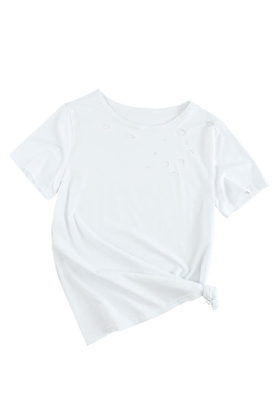 White Holes Crew Neck Cotton Mixed T-shirt