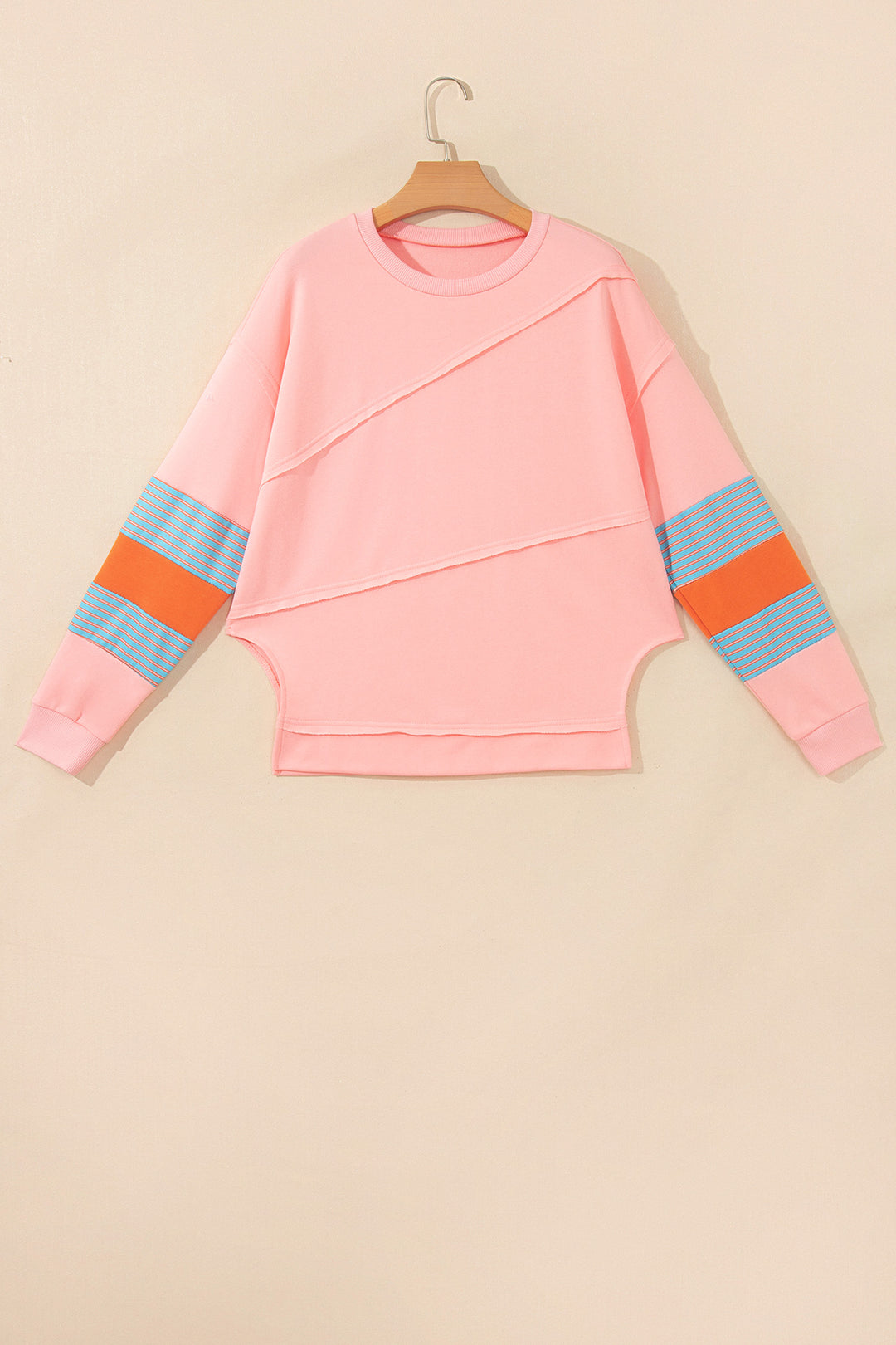 Pink Colorblock Striped Patchwork Long Sleeve Round Neck Blouse