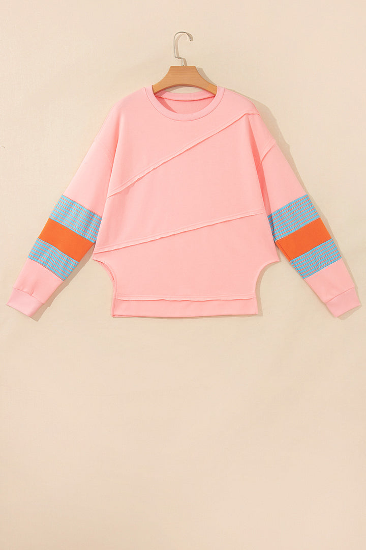 Pink Colorblock Striped Patchwork Long Sleeve Round Neck Blouse