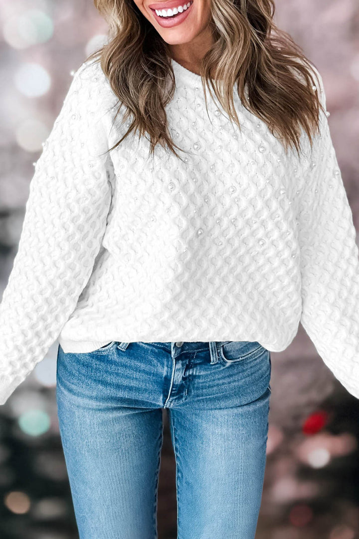 White Solid Textured Knit Pearl Embellished Pullover Sweater