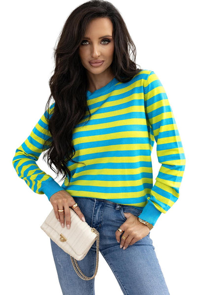 Green Stripe Crew Neck Drop Shoulder Casual Sweater