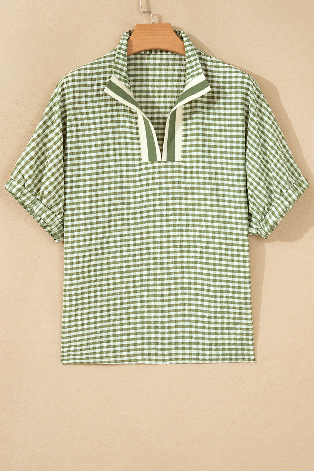 Red Plaid Short Sleeve Colorblock Trim Split Neck Blouse