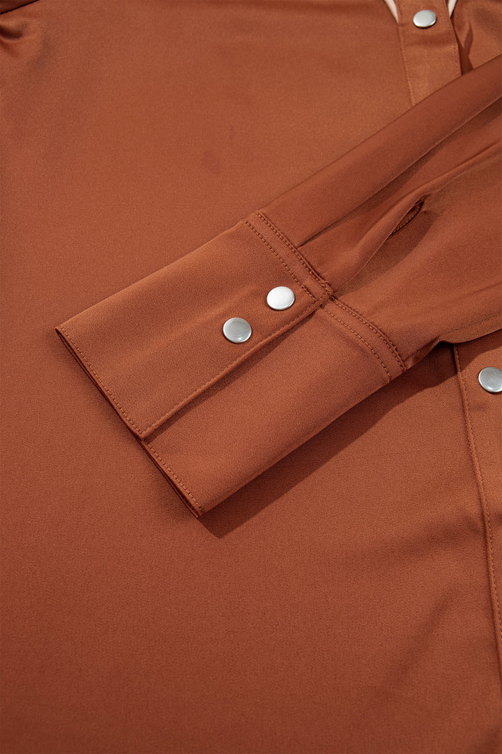 Cinnamon Silky Long Sleeve Button Front Western Fashion Shirt