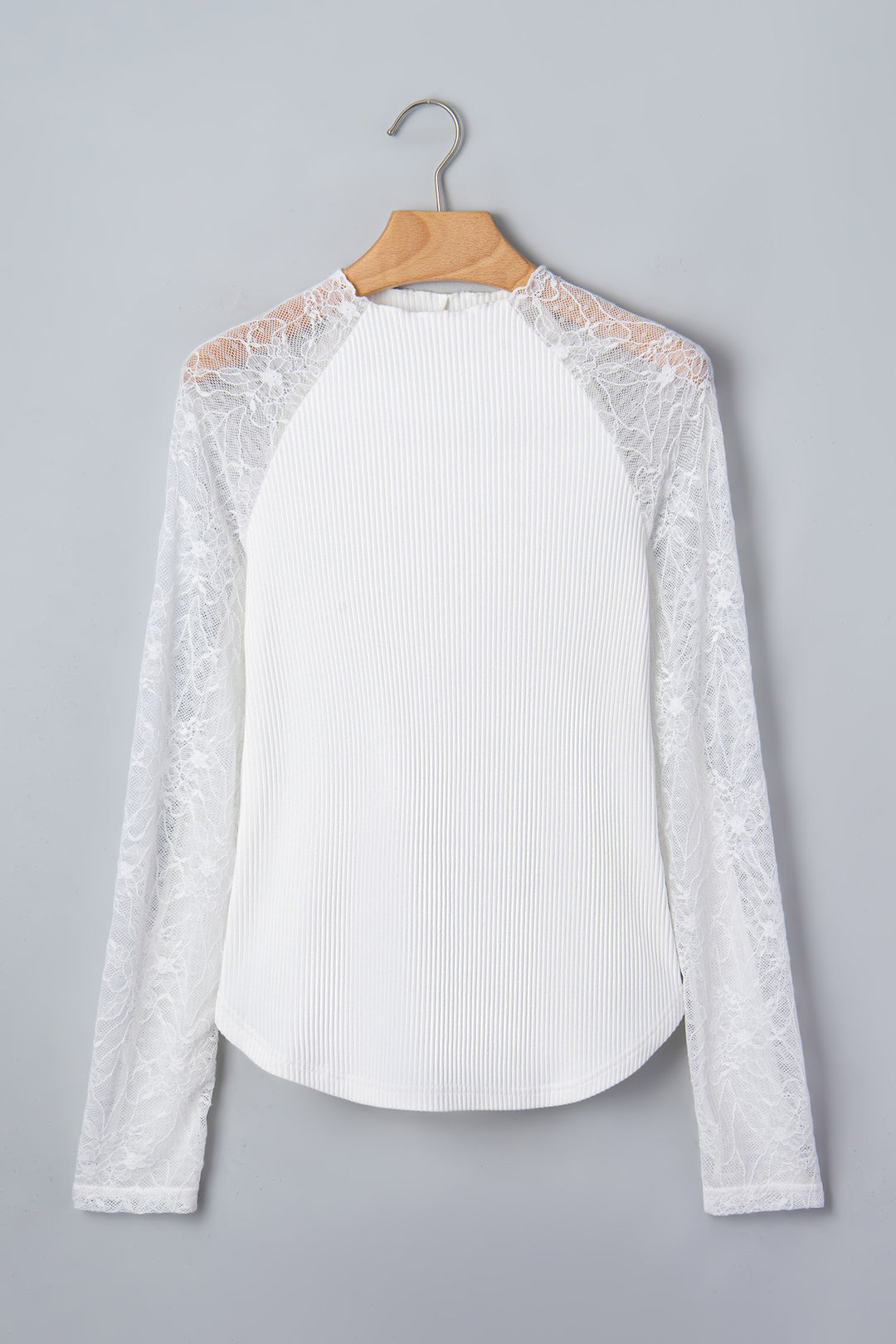 Beige Sheer Lace Long Sleeve Ribbed Slim Top
