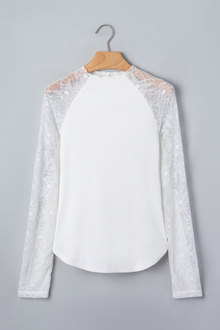 Beige Sheer Lace Long Sleeve Ribbed Slim Top