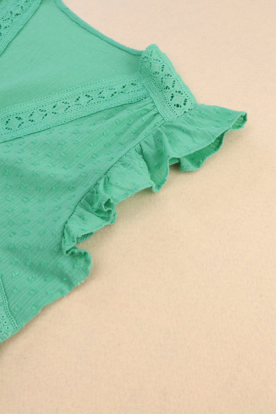 Green Eyelet V Neckline Ruffle Swiss Dot Top